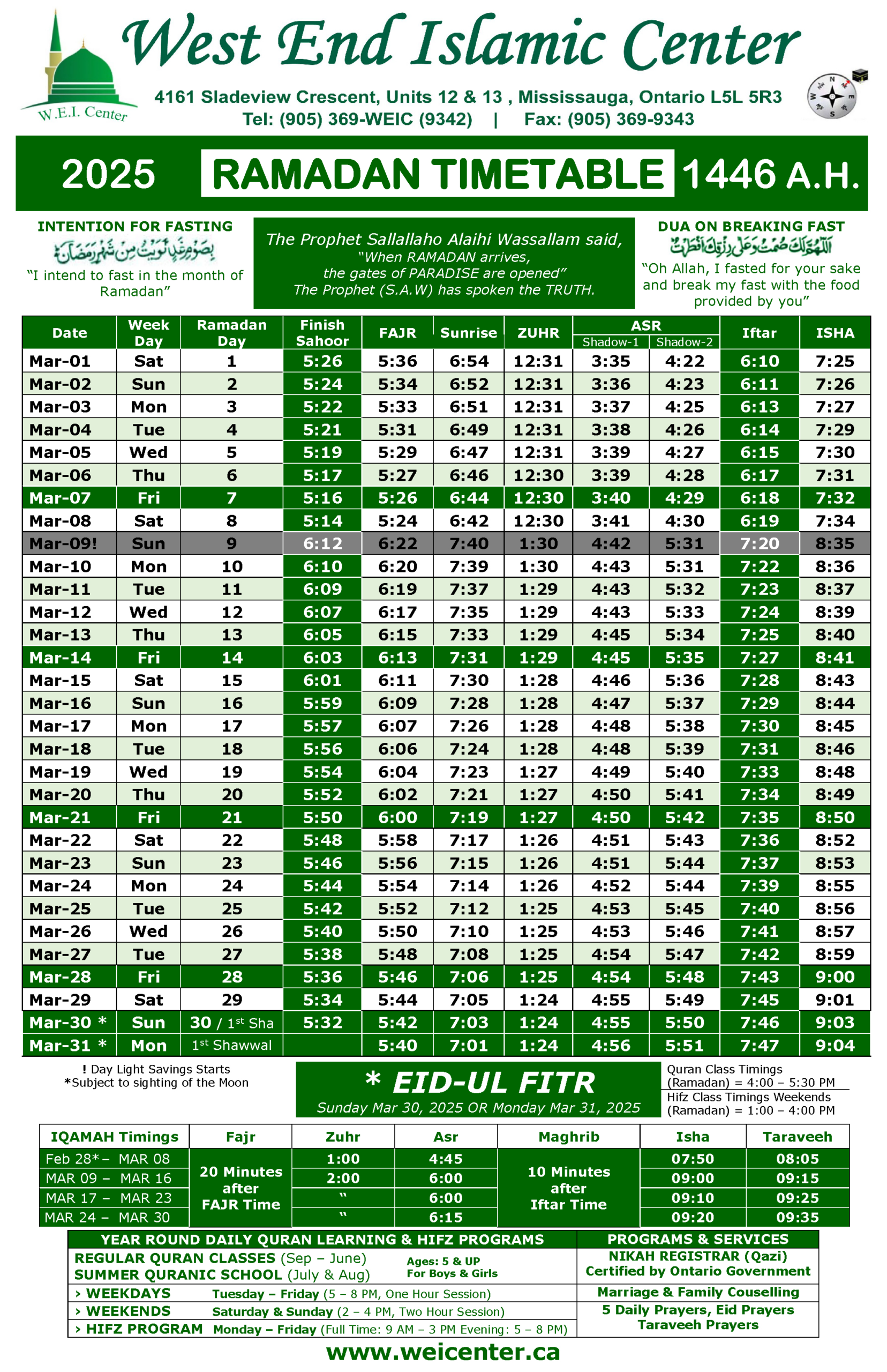 Ramadan Timetable 2025 | West End Islamic Center Mississauga in Printable Ramadan Calendar 2025 USA