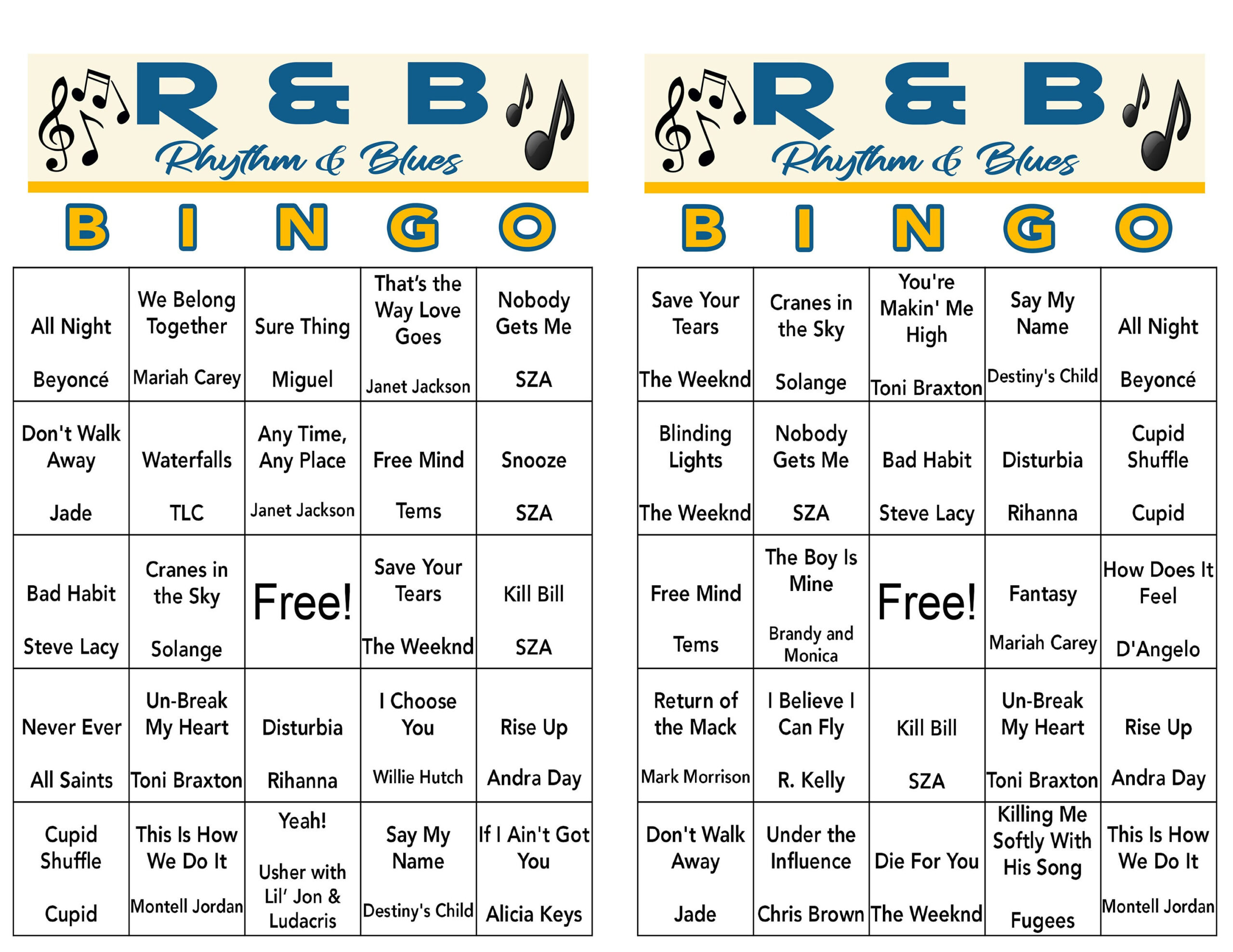 R&amp;amp;B Music Hits, Rhythm And Blues Party, Digital Download, Bingo throughout Musical Bingo Card Generator