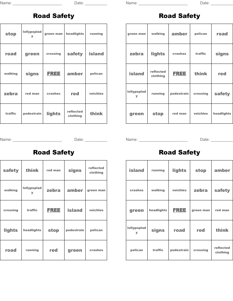 Road Safety Bingo Cards - Wordmint within Free Printable Safety Bingo Cards