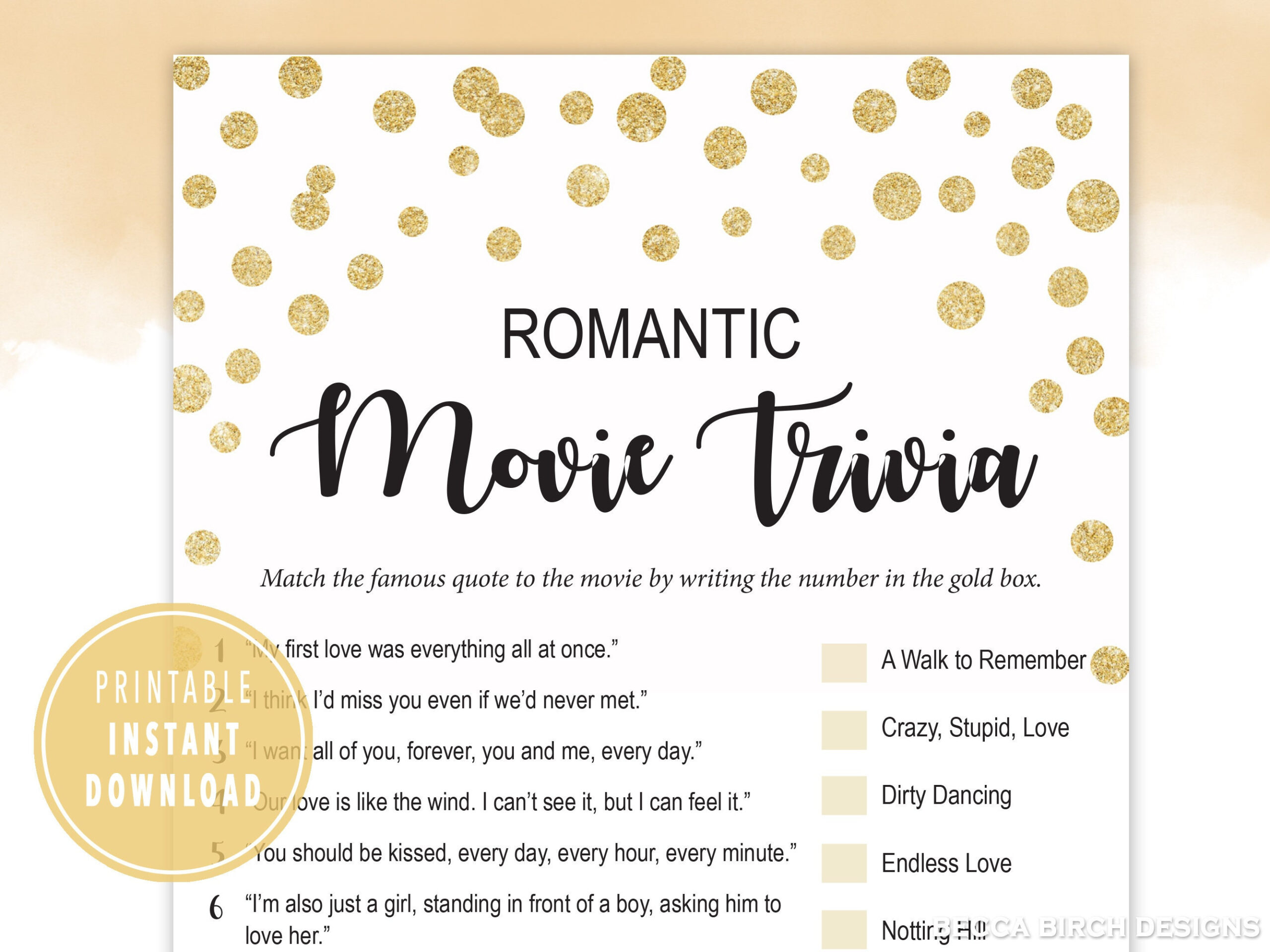 Romantic Movie Trivia - Printable Bridal Shower Games - Virtual in Romantic Movie Quiz Questions and Answers Printable