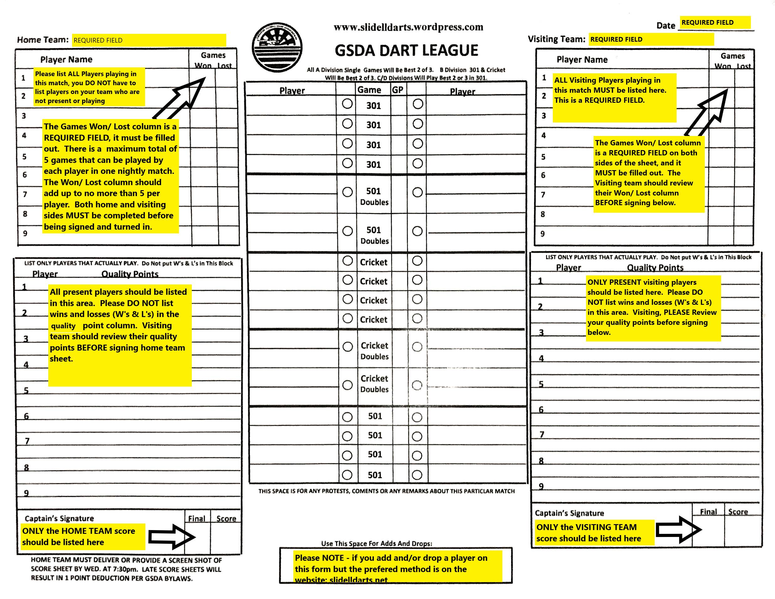 Score Sheet – Greater Slidell Dart Association for Printable Dart Score Sheets