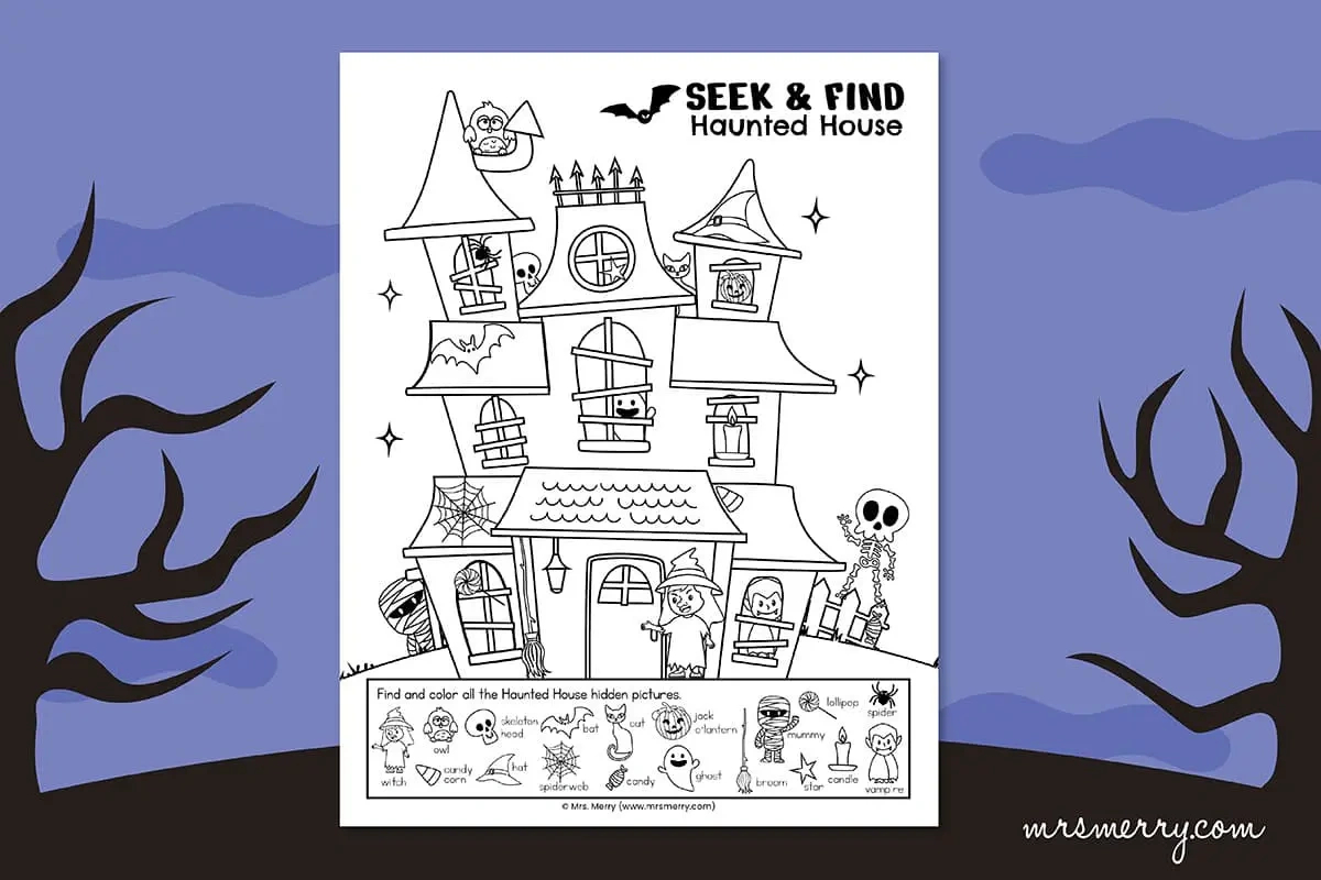Seek And Find Haunted House Printable Puzzle | Mrs. Merry in Halloween Seek And Find Picture Printables