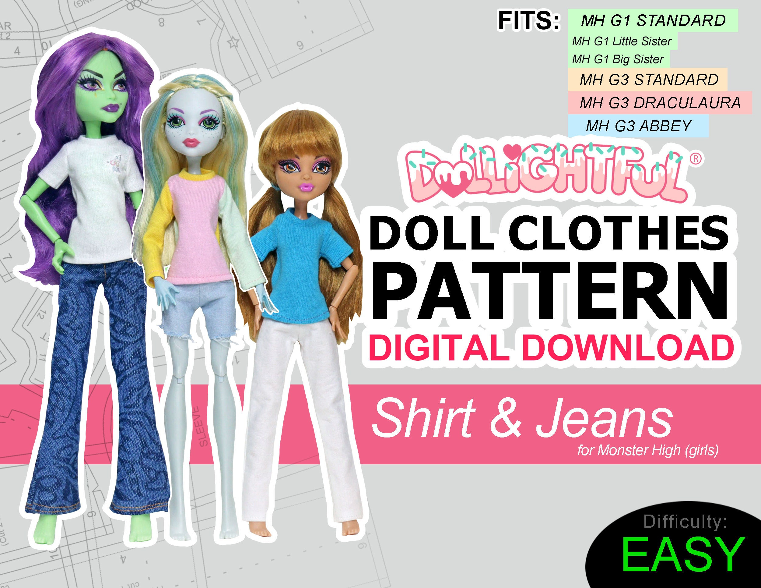 Shirt &amp;amp; Jeans [Mh Girl] - Digital Download Doll Clothes Pattern - Etsy inside Dollightful Free Printable Monster High Doll Clothes Patterns