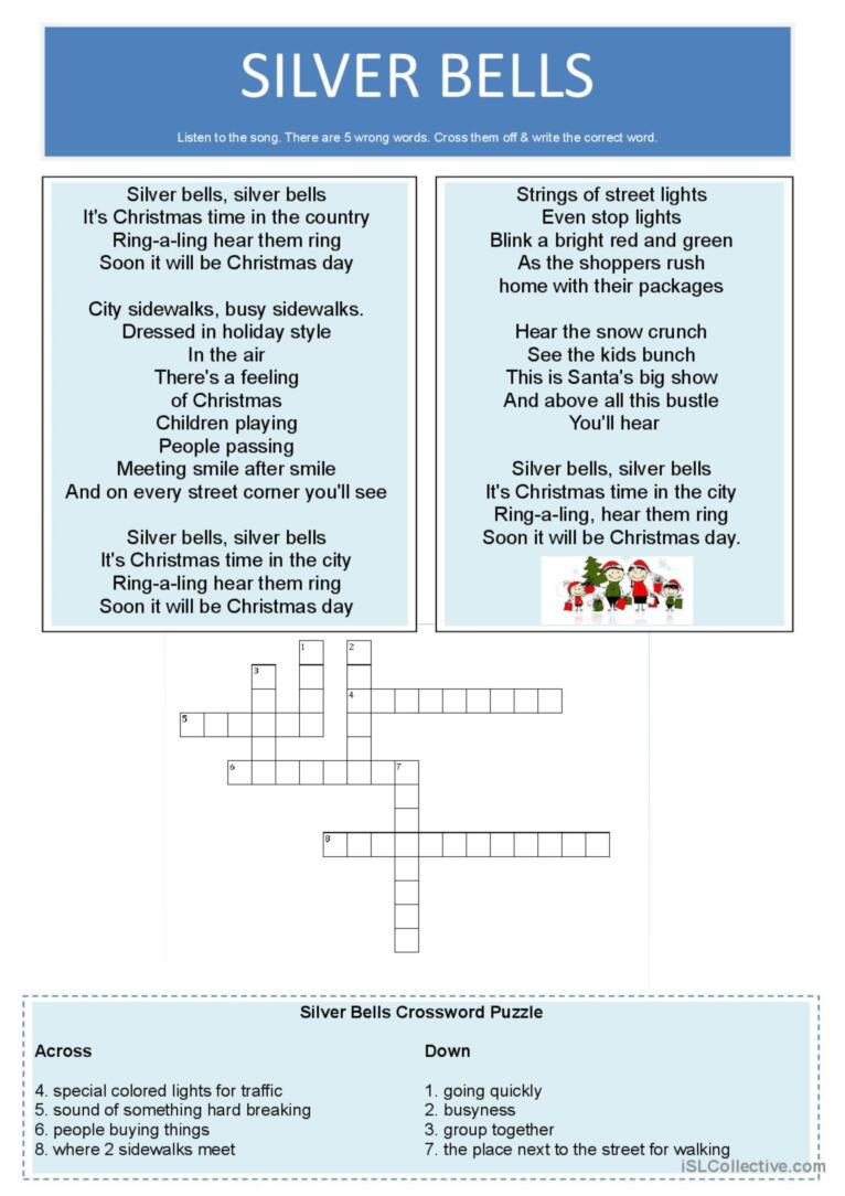 Silver Bells Song Worksheet Song And…: English Esl Worksheets Pdf throughout Lyrics to Silver Bells Printable