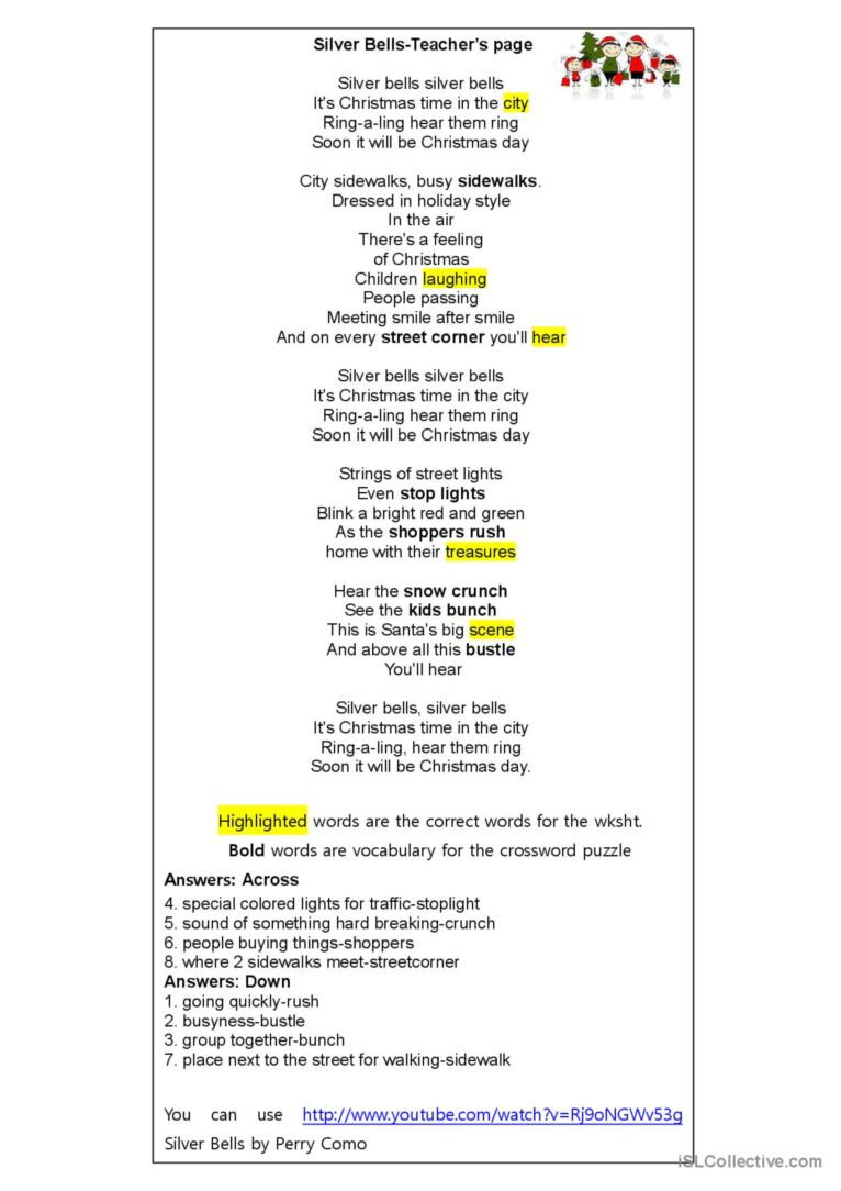 Silver Bells Song Worksheet Song And…: English Esl Worksheets Pdf within Lyrics To Silver Bells Printable