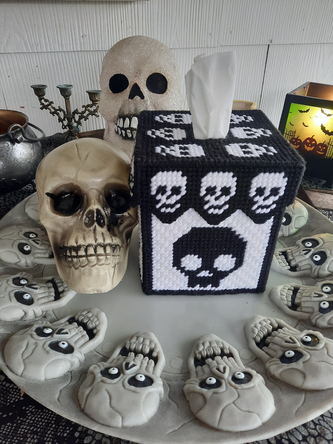 Skull Tissue Box Cover | Plastic Canvas Pattern | Digital Pdf intended for Free Printable Plastic Canvas Patterns Skulls