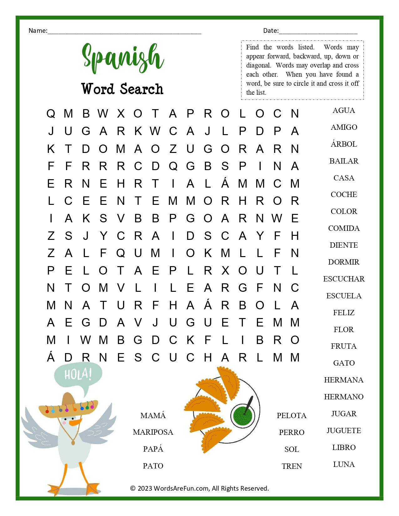 Spanish Word Search For Kids within Free Printable Spanish Word Search