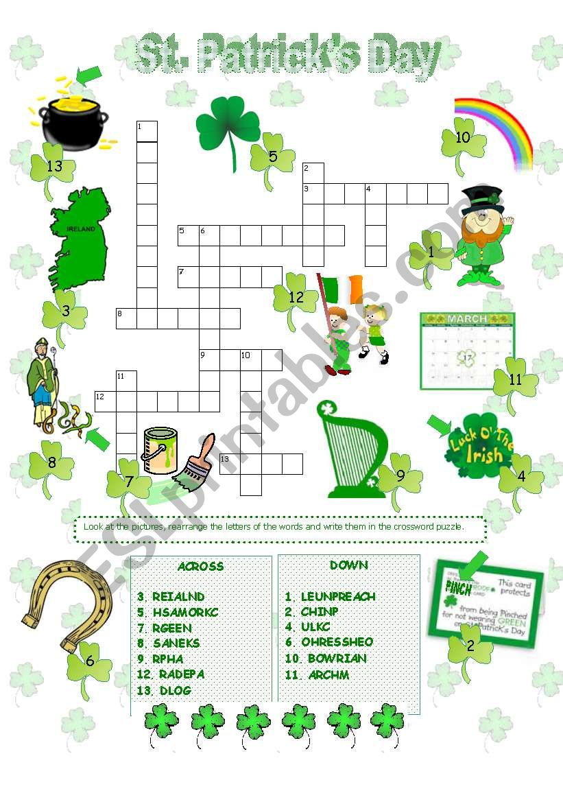 St. Patrick´s Day Crossword - Esl Worksheetanna P throughout St Patrick&amp;#039;S Day Crossword Puzzle Printable