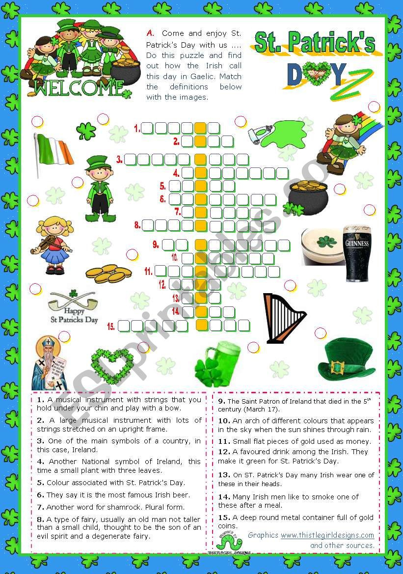 St. Patrick´s Day Set (4) - Crossword Puzzle - Esl Worksheetmena22 intended for St Patrick&amp;#039;S Day Crossword Puzzles Printable