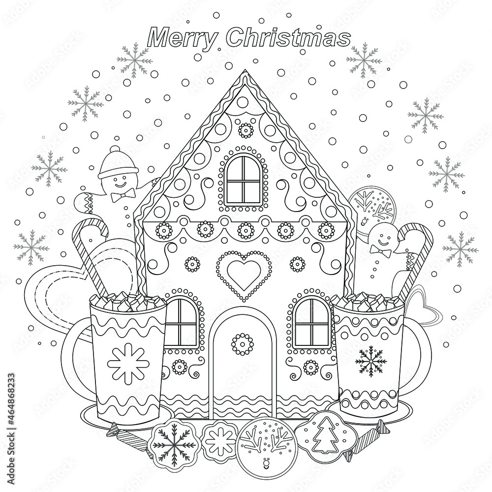 Stock-Vektorgrafik „Coloring Book. Festive, Fabulous Christmas in Gingerbread House Candy Printables