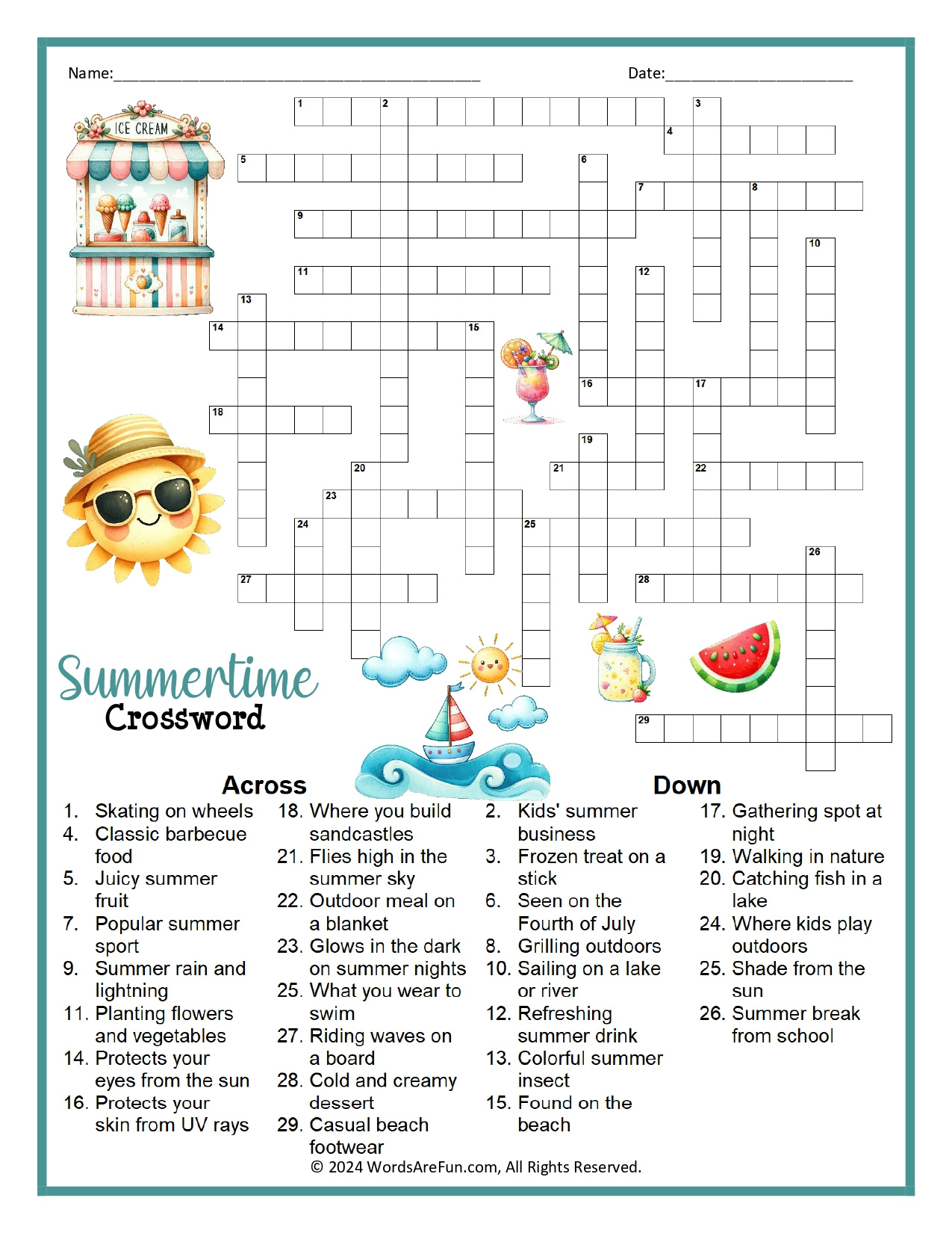 Summertime Crossword Puzzle throughout Summertime Crossword Puzzle Printable