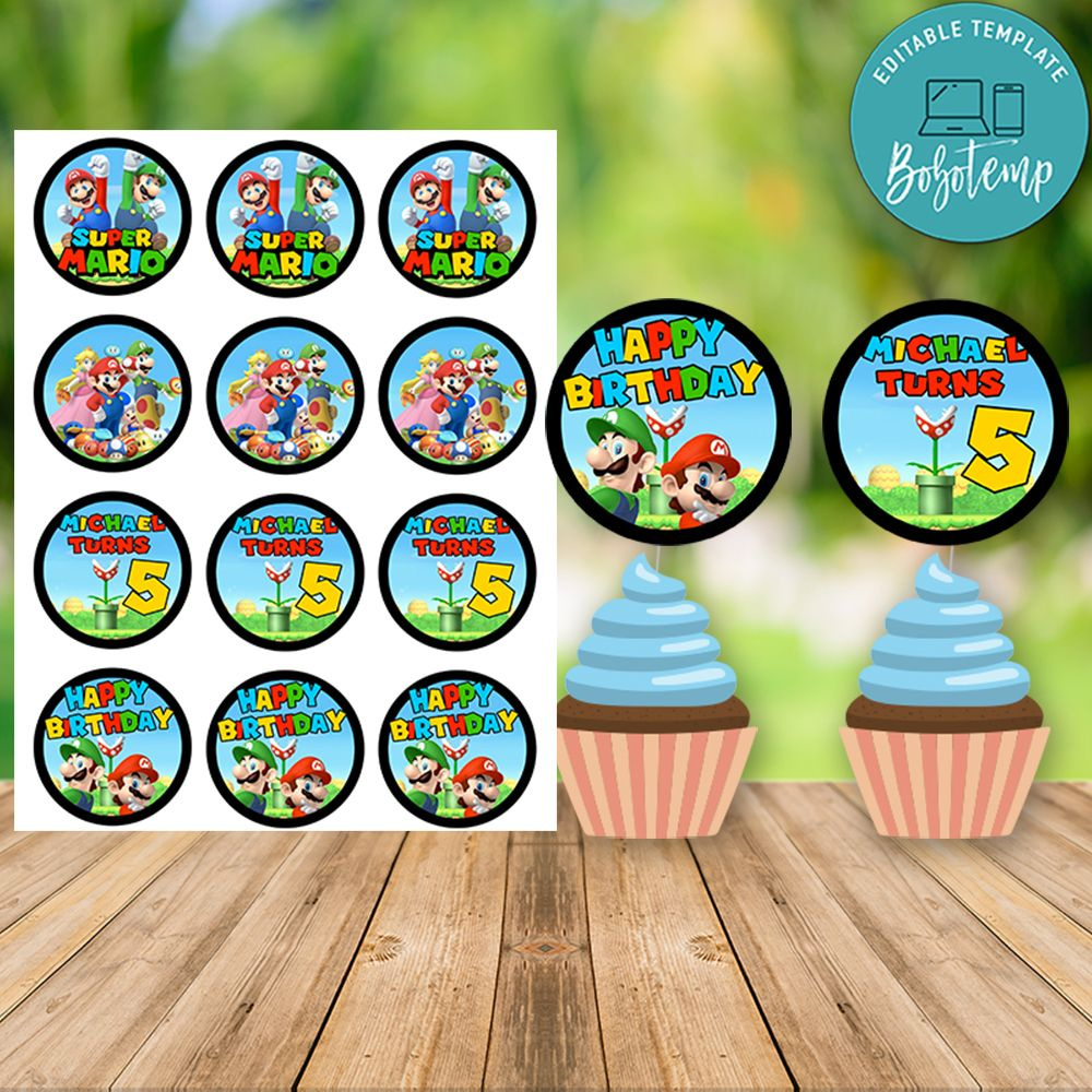 Super Mario Birthday Cupcake Topper Digital File Printable | Bobotemp pertaining to Super Mario Cupcake Toppers Free Printables