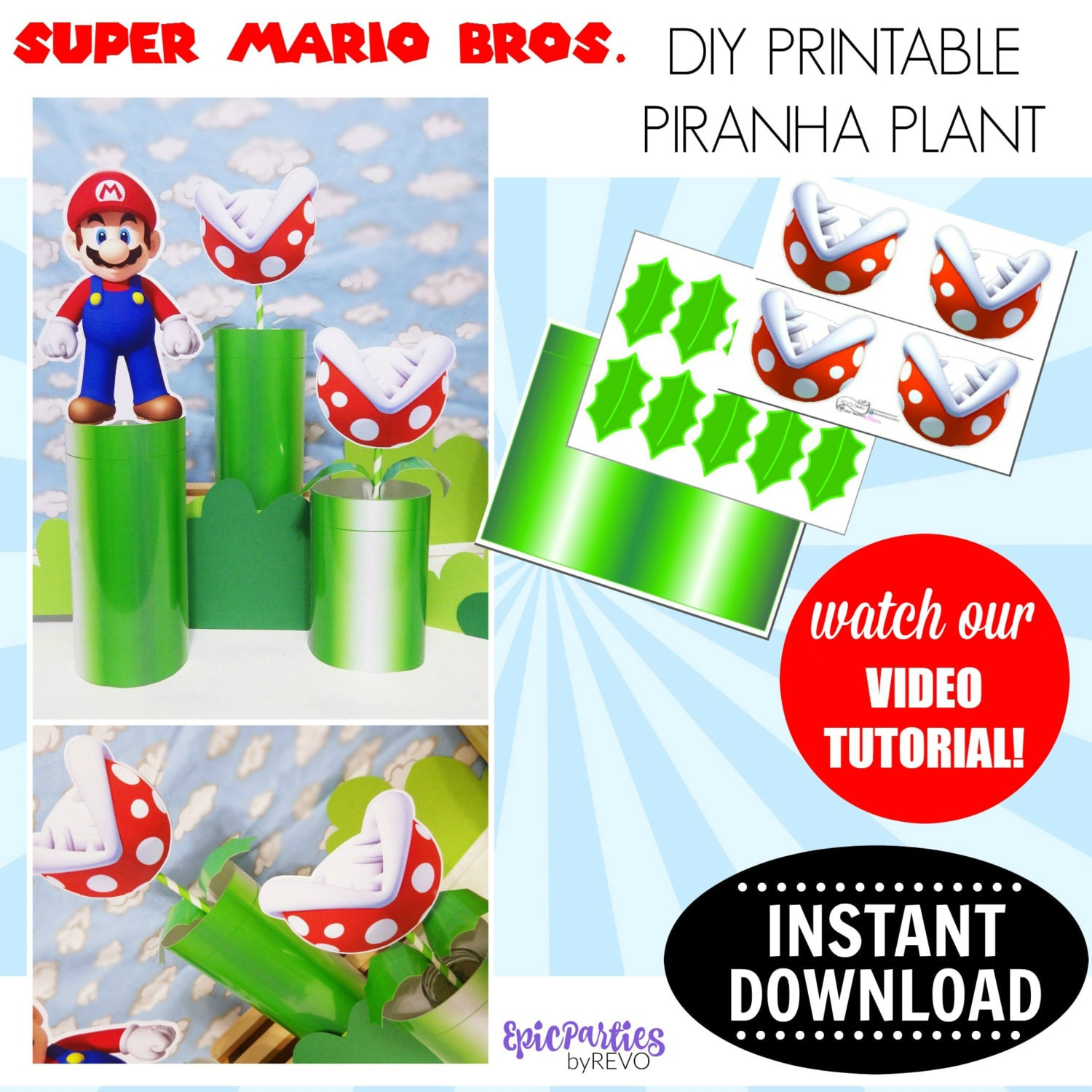 Super Mario Bros. Printable Piranha Plant Mario Birthday Printable Mario Bros Piranha Plant Diy Download Piranha Plant Mario Birthday Decor with regard to Printable Super Mario Piranha Plant