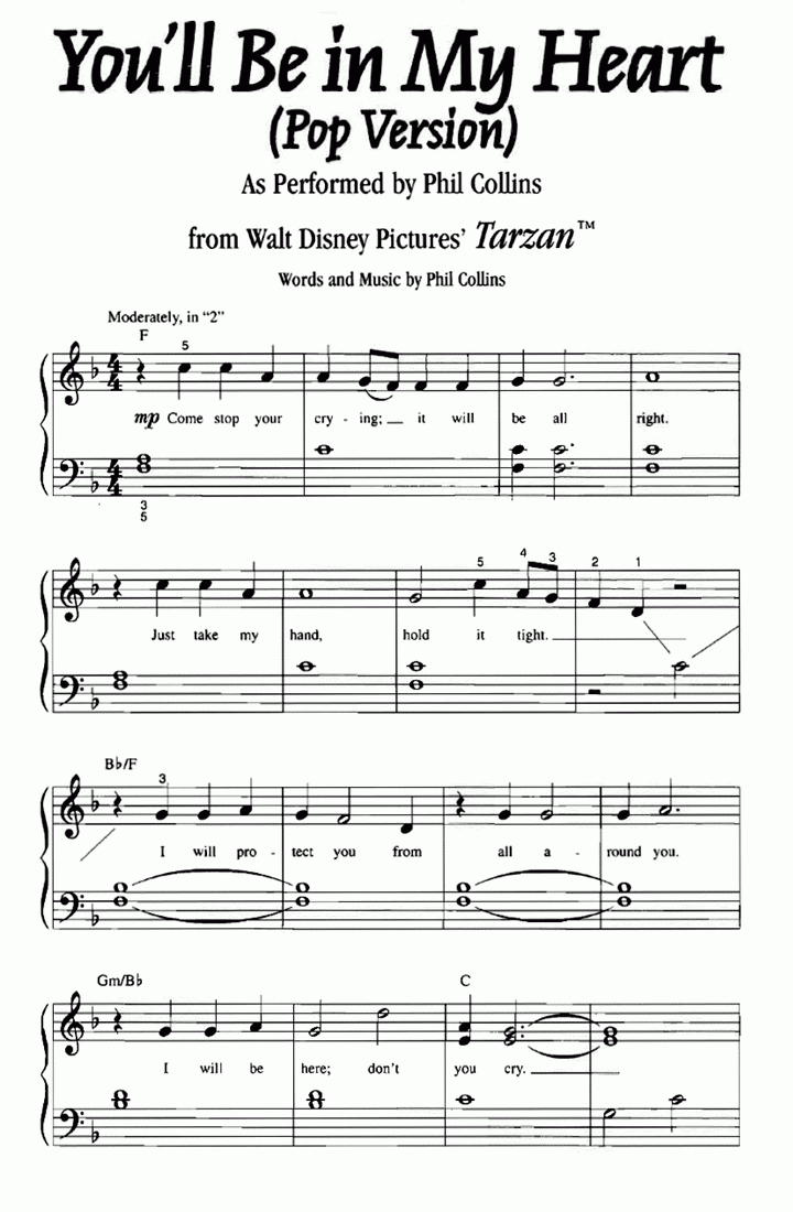 Tarzan You&amp;#039;Ll Be In My Heart Easy Piano Sheet Music | Easy Sheet Music inside Easy Sheet Music For Piano Free Printable