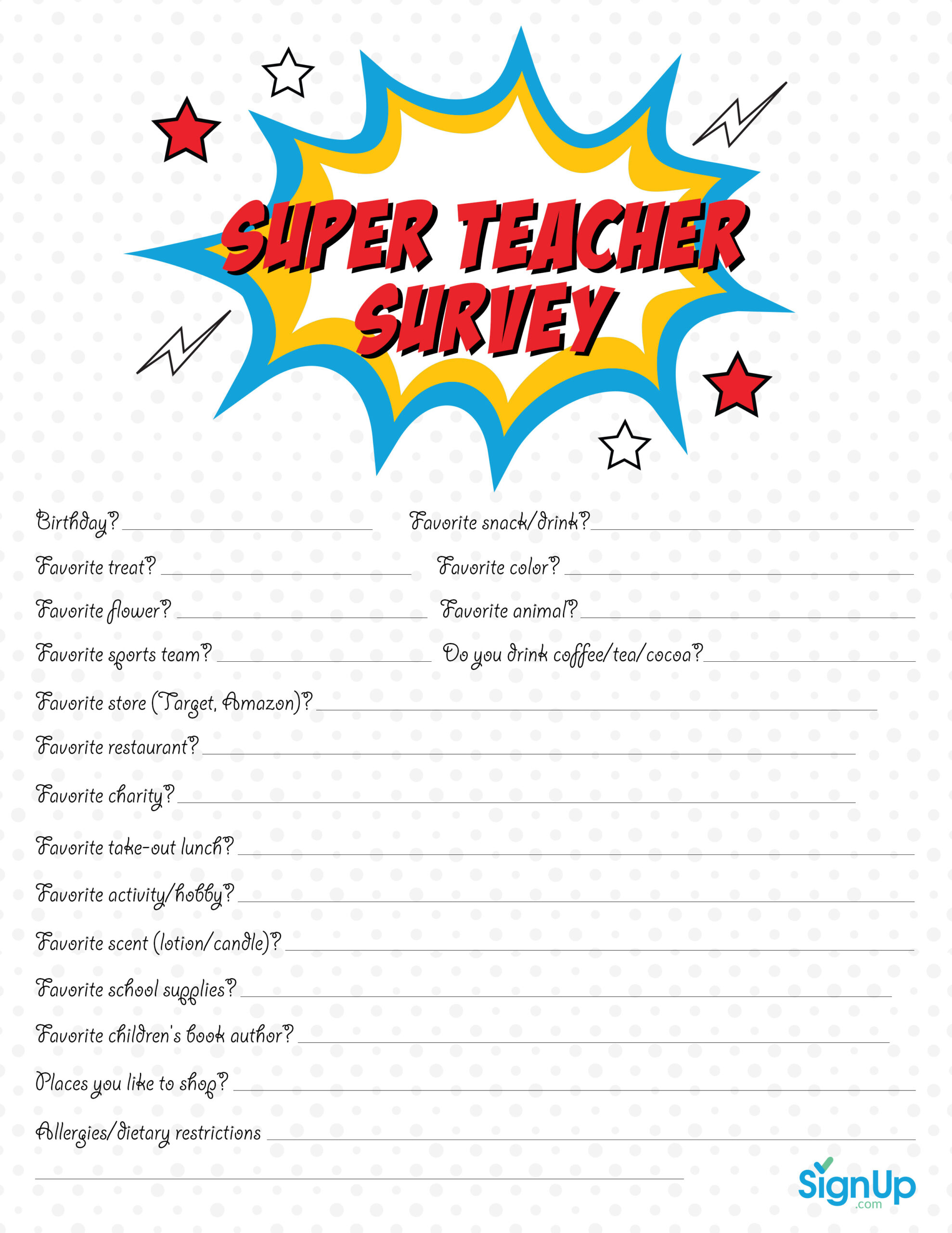 Teacher Survey: Free Downloadable Room Parent Resource | Signup with Free Printable Teacher Questionnaire