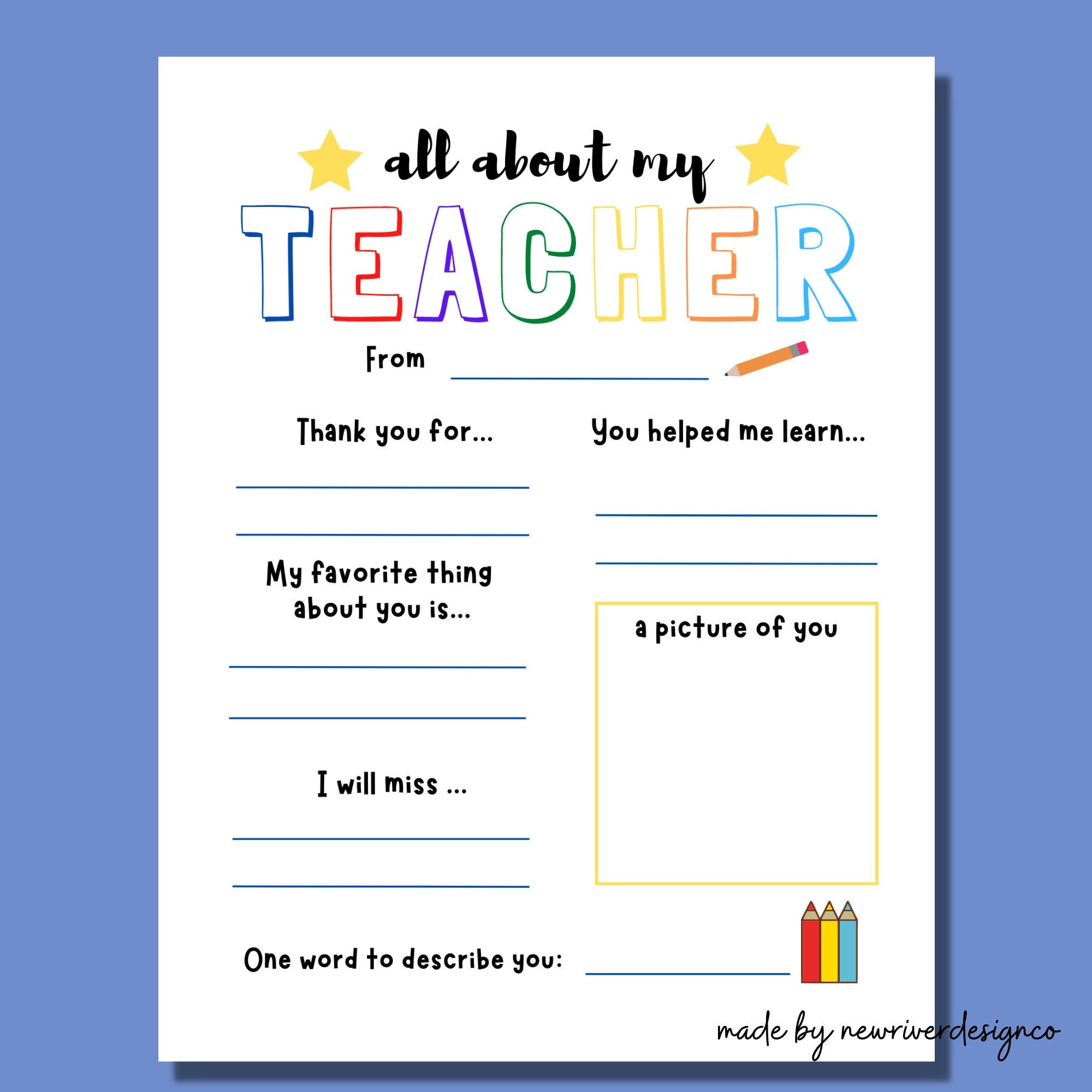 Teacher Thank You Printable, All About My Teacher, Teacher for All About My Teacher Printable