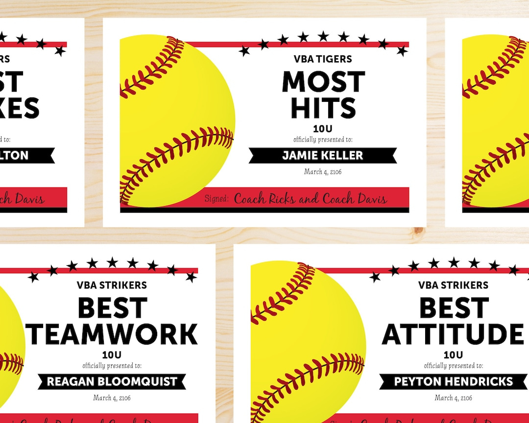 Team Colors Softball Award Certificates - Instant Download Printable Pdf - Red And Black - Editable Award Certificate Template - Etsy in Free Printable Softball Certificate Template Free