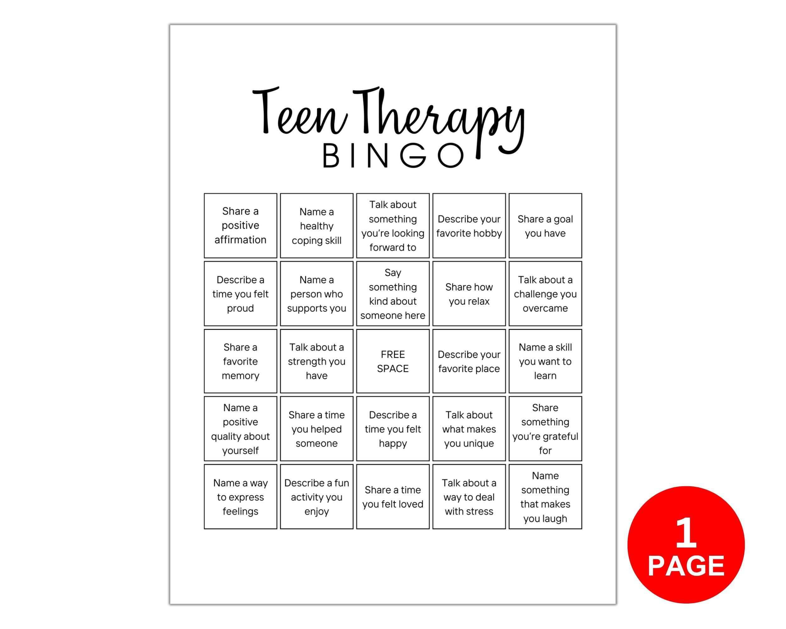 Teen Therapy Bingo, Mental Health Bingo, Printable Bingo, Teen with regard to Mental Illness Bingo Card