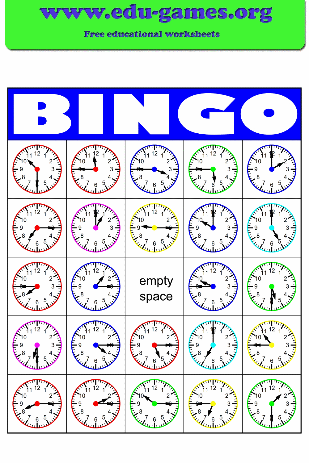 Telling Time Bingo Card Generator | Edu-Games for Educational Bingo Cards Time