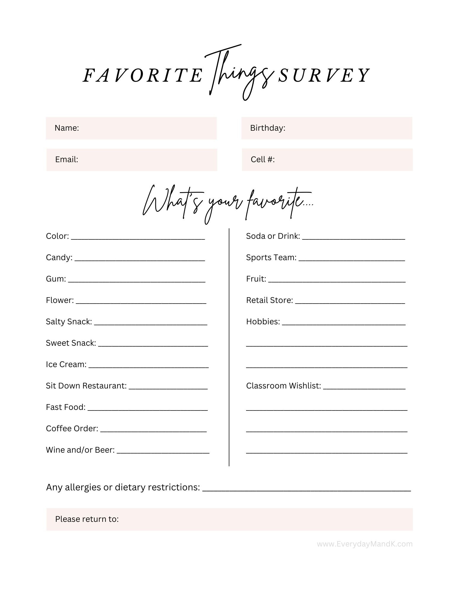 This Teacher &amp;#039;Favorite Things&amp;#039; Survey Is A Great Tool For Parents intended for Free Favorite Things Printable