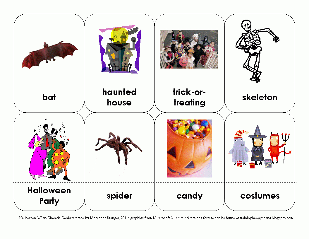Training Happy Hearts: Halloween 3-Part Charades Cards Free Printable within Free Printable Charades Cards With Pictures