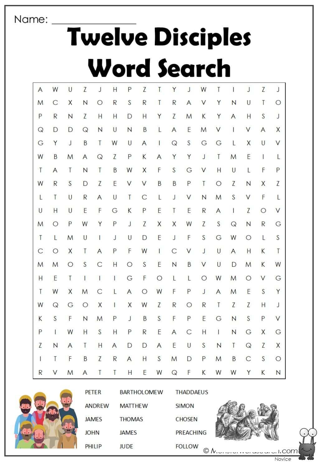 Twelve Disciples Word Search - Monster Word Search with Free Printable 12 Disciples Worksheet