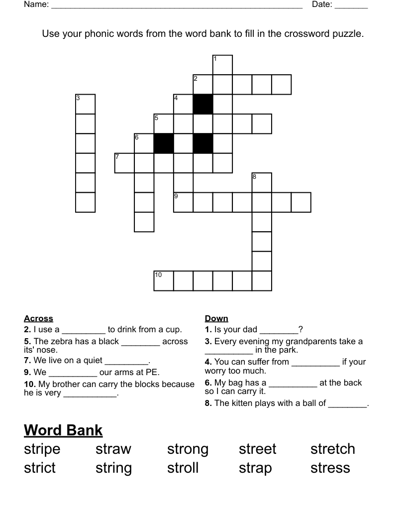 Use Your Phonic Words From The Word Bank To Fill In The Crossword for Crossword With Word Bank Printable