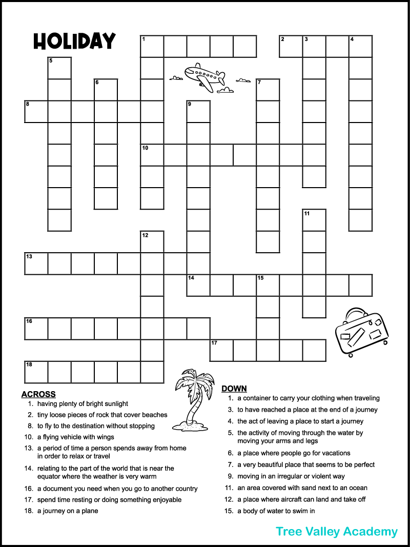 Vacation Crossword Puzzles - Tree Valley Academy intended for Holiday Crosswords Printable