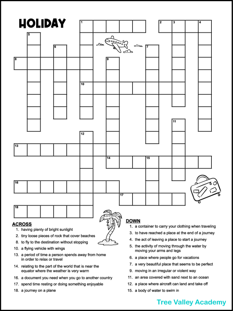 Vacation Crossword Puzzles - Tree Valley Academy with regard to Holiday Crossword Printable