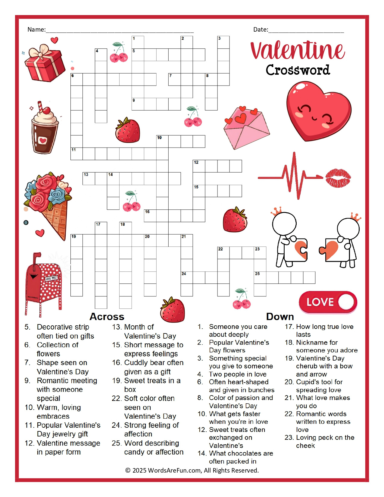 Valentine Crossword Puzzle intended for Valentine Crossword Puzzle Printable