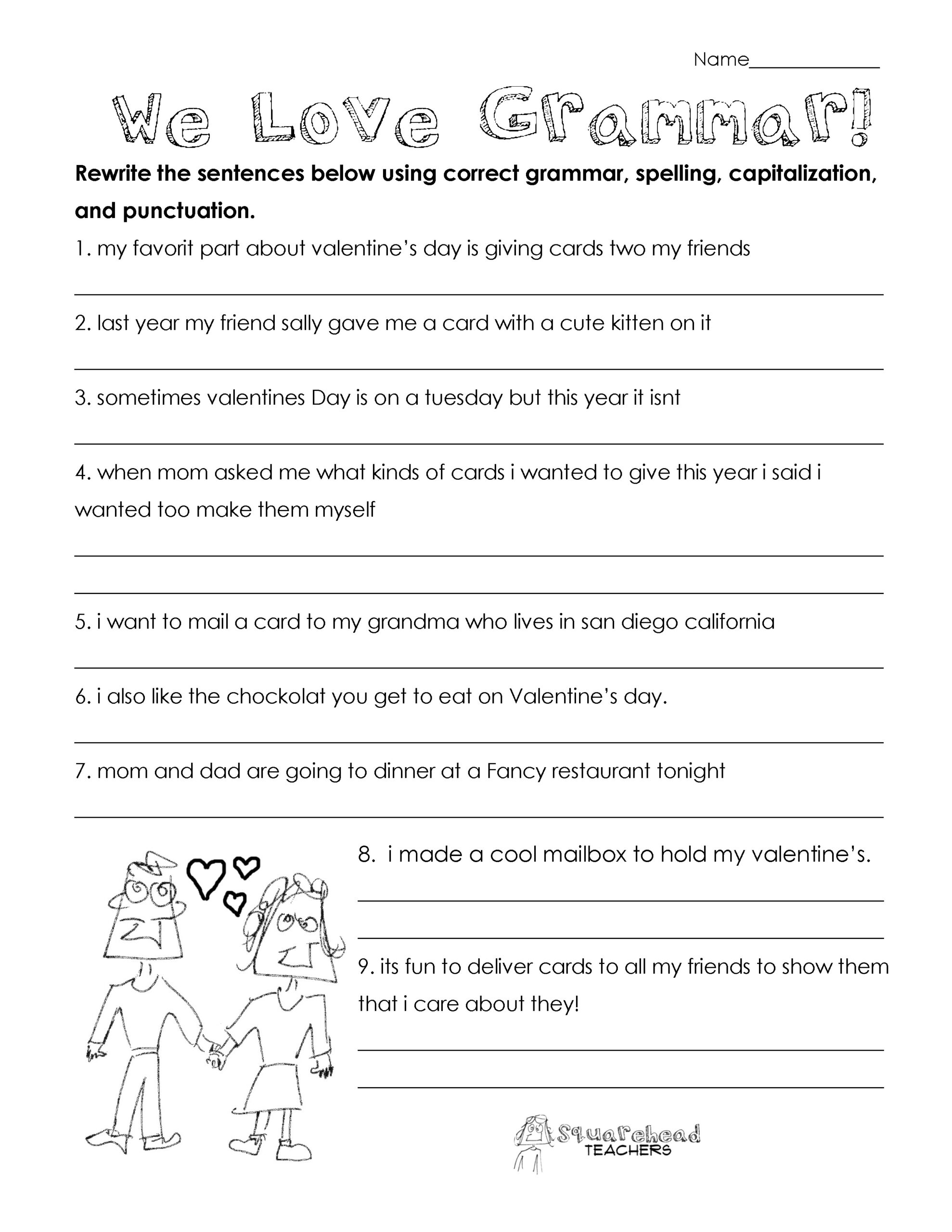 Valentine&amp;#039;S Day Grammar (Free Worksheet For 3Rd Grade And Up for Printable Grammar Worksheets For Grade 3
