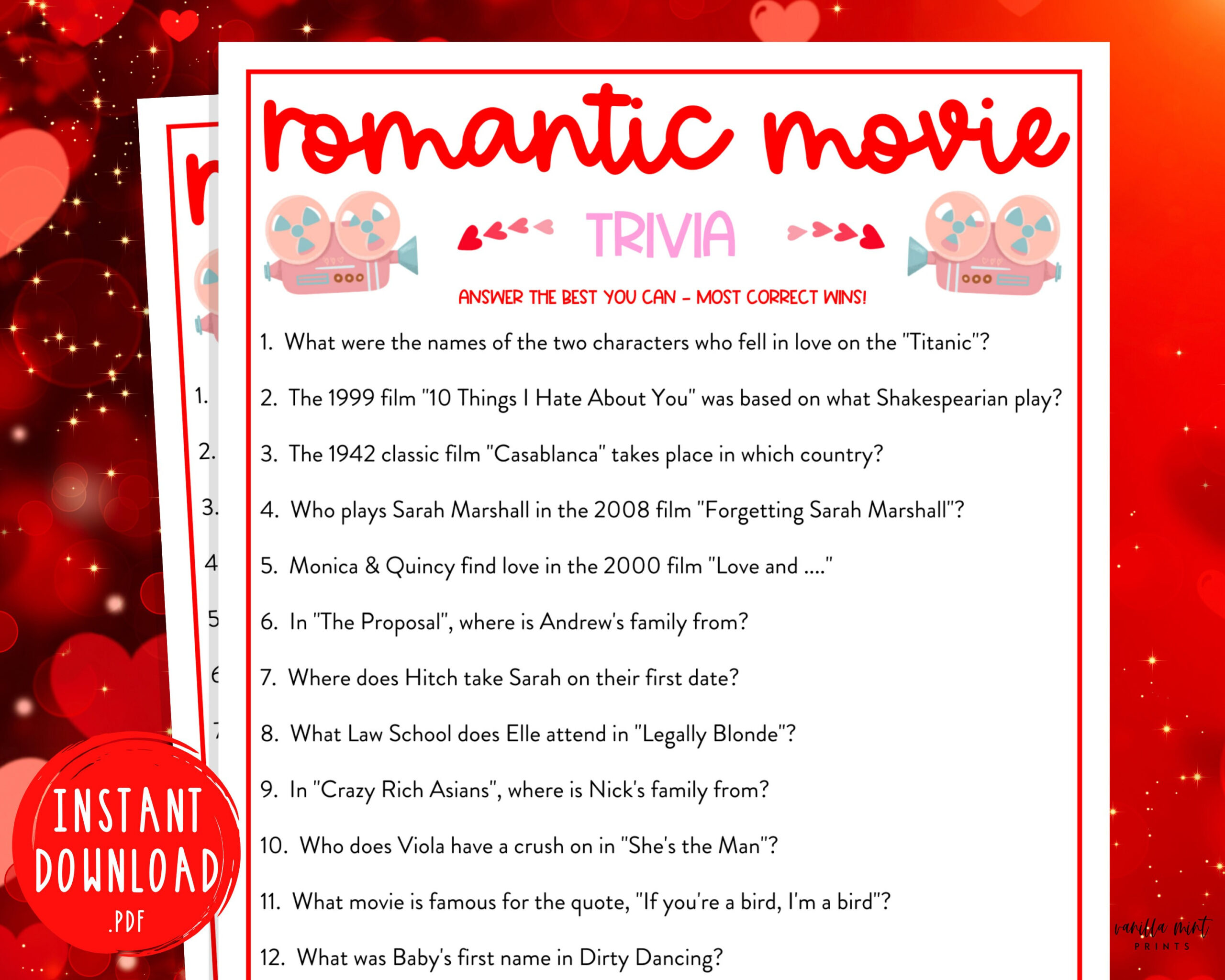 Valentine&amp;#039;S Day Romantic Movie Trivia Game | Fun Valentine&amp;#039;S Day for Romantic Movie Quiz Questions And Answers Printable