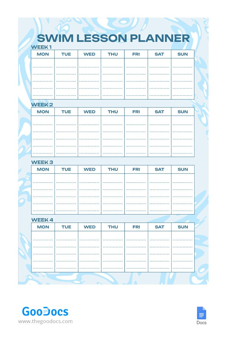 Weekly Swim Lesson Planner Template | Thegoodocs for Printable Swimming Lesson Plan Template