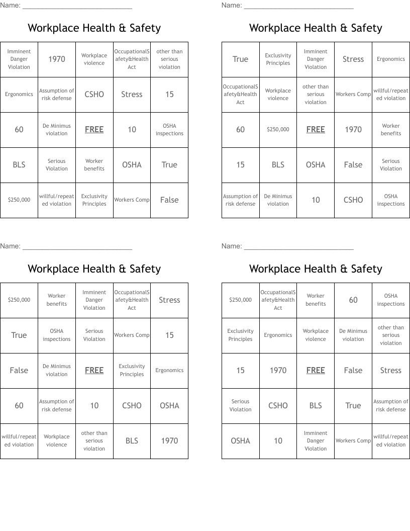 Workplace Health &amp;amp; Safety Bingo Cards - Wordmint in Free Printable Safety Bingo Cards