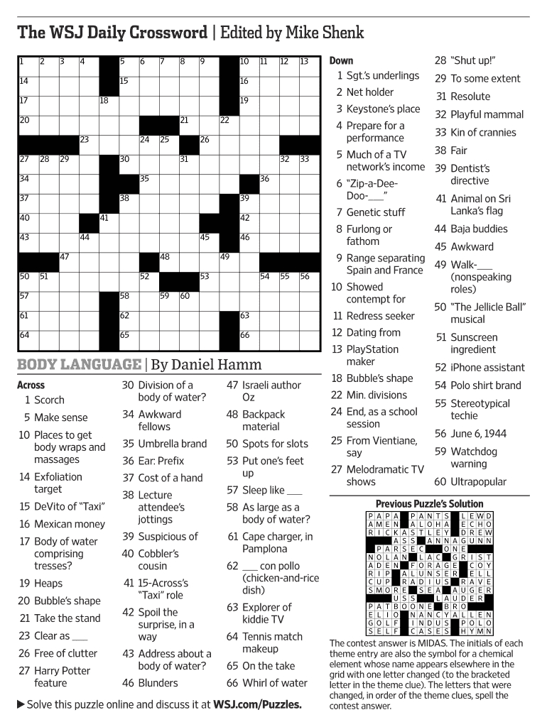 Wsj Crossword Today Printable Pdf - Fill Online, Printable pertaining to Wsj Crossword Today Free Printable