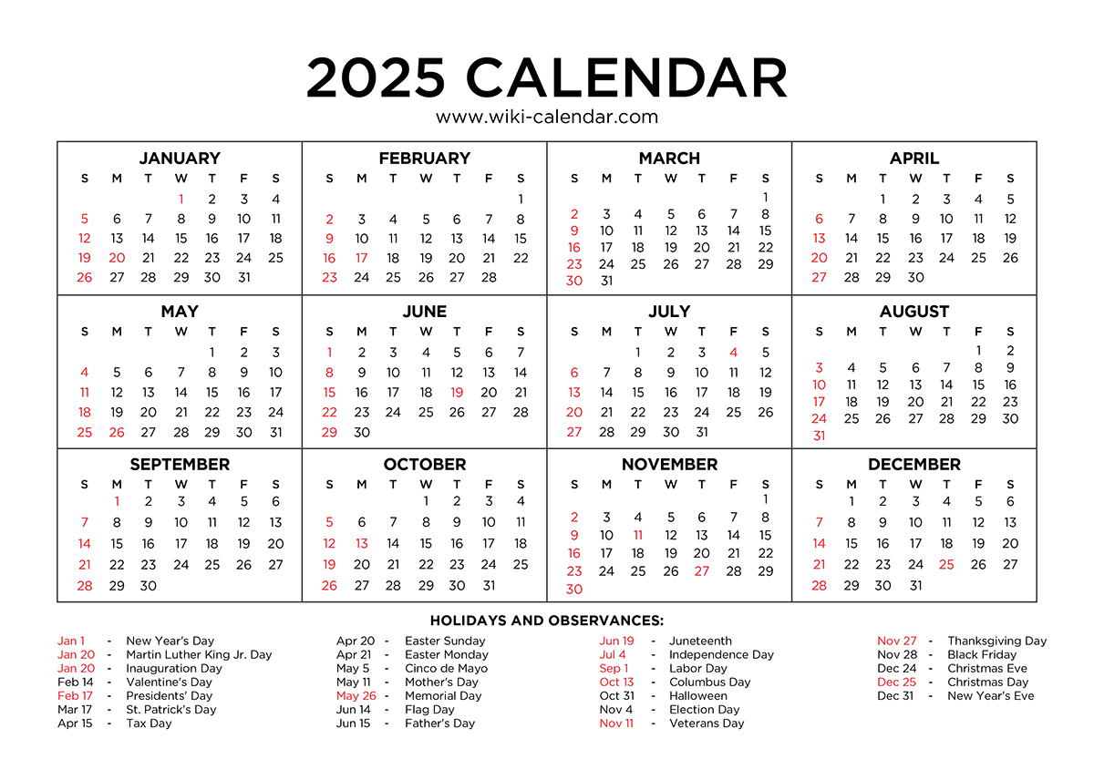 Year 2025 Calendar Printable With Holidays - Wiki Calendar for Free Printable Calendar 2025 Wiki