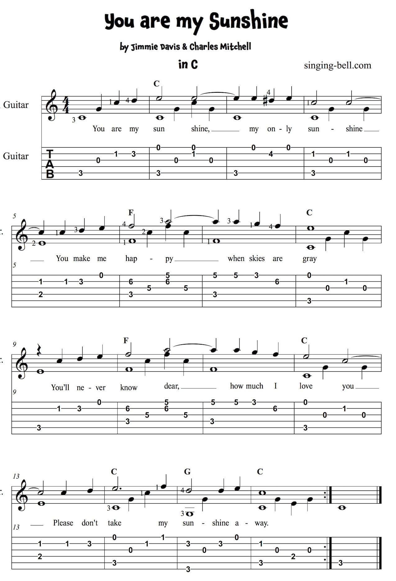 You Are My Sunshine - Guitar Chords, Tabs, Sheet Music Pdf in Free Printable &amp;amp;#039;You Are My Sunshine&amp;amp;#039; Lyrics