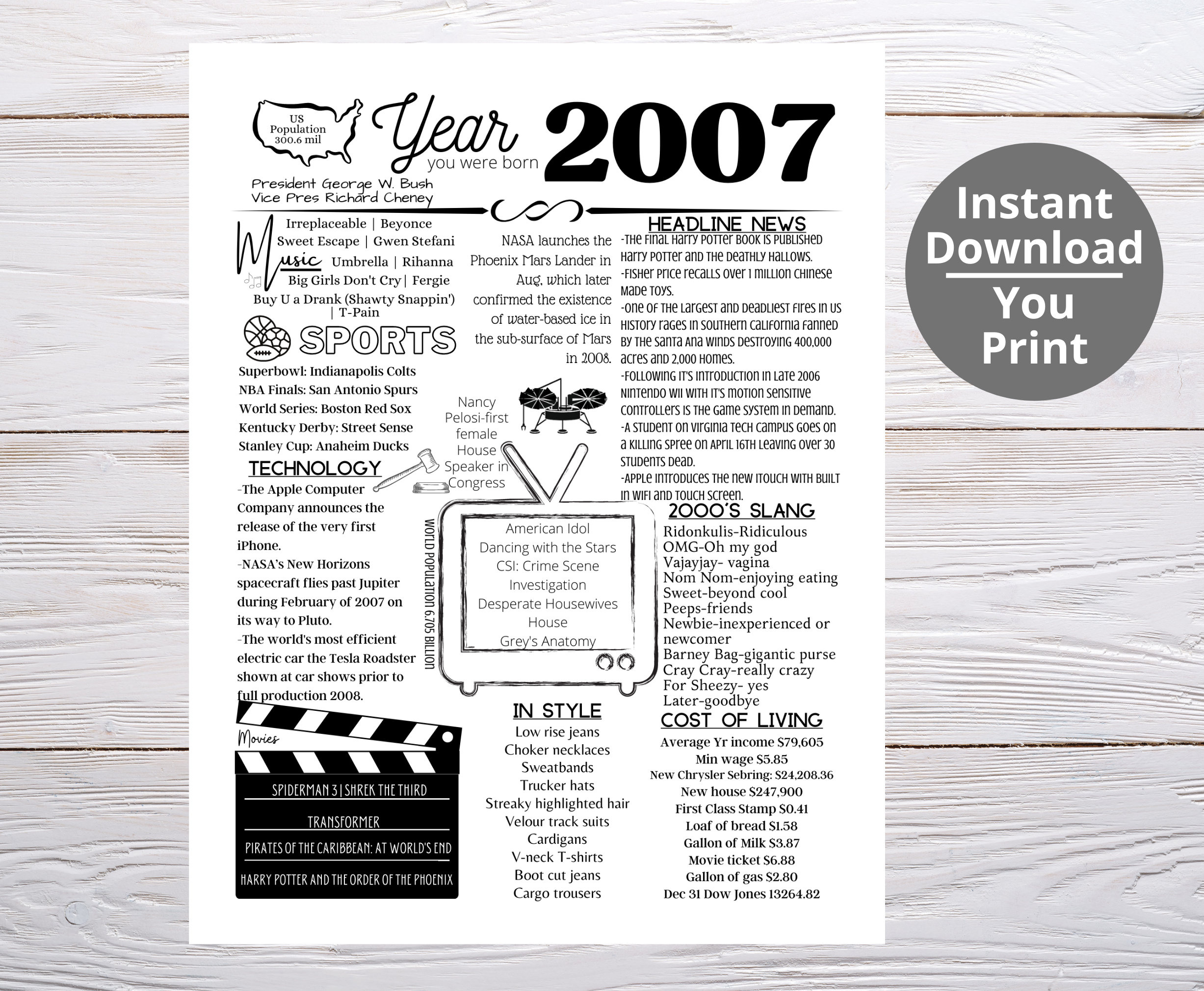 2007 Printable Year You Were Born/ Remember The Year When/ Last regarding Back In 2007 Free Printable