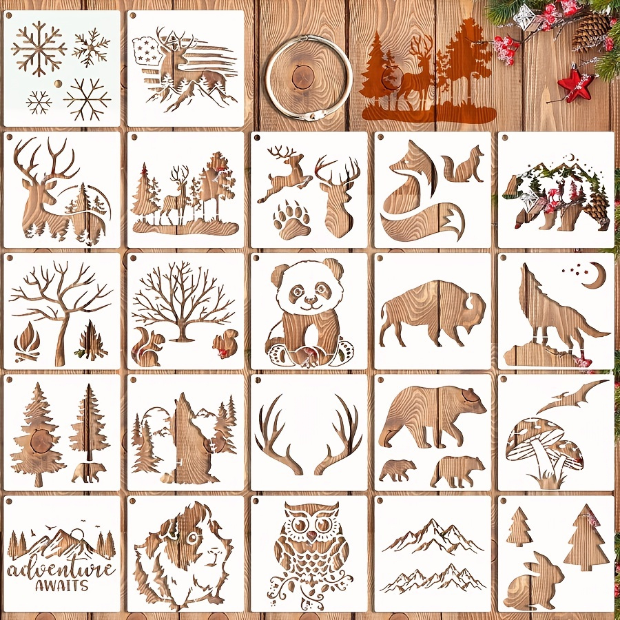 22Pcs Forest Wildlife Animal Stencils, Bear Wolf Deer Pine Tree Stencils Template Reusable Mountain Panda Winter Wood Burning Stencils For Painting On within Beginner Free Printable Wildlife Wood Burning Patterns