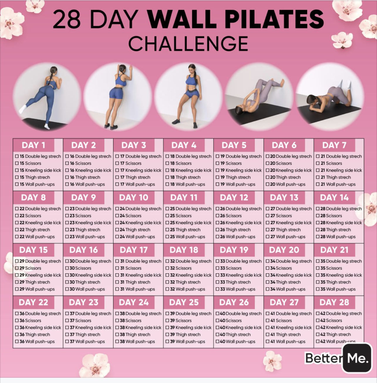 28-Day Wall Pilates Challenge within Wall Pilates Challenge Free Printable