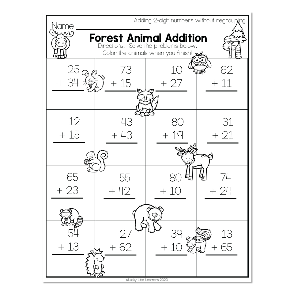 2Nd Grade Math Worksheets - 2-Digit Addition Without Regrouping intended for Animal Picture Addition Worksheet