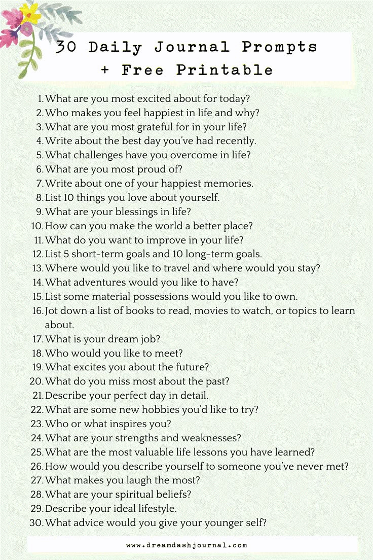 30 Daily Journal Prompts To Start Writing {+ Free Pdf Printable!} pertaining to Free Printable Journal Prompts