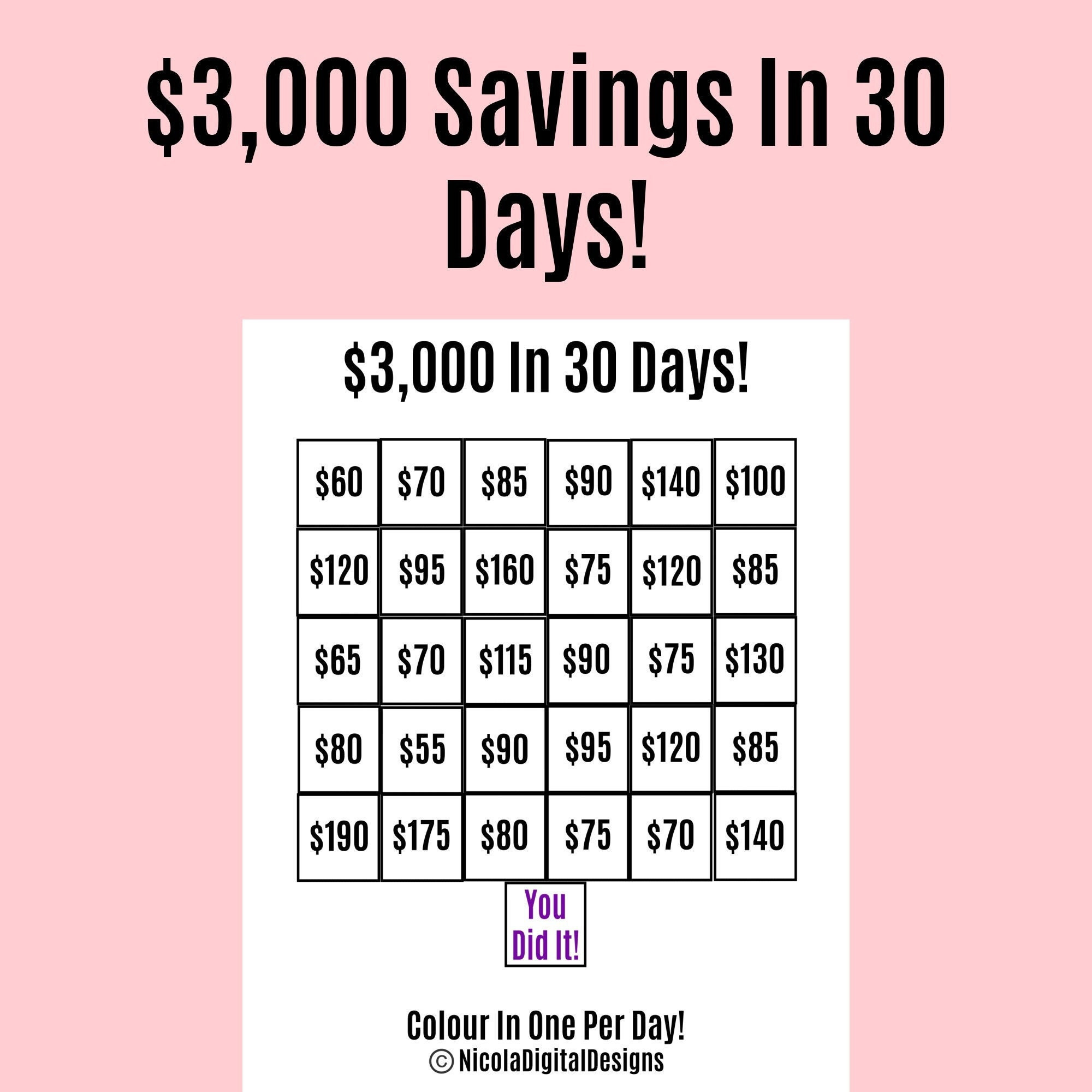 3,000 Money Saving Challenge Printable / Save 3,000 In 30 Days intended for 30 Day Money Saving Challenge Printable