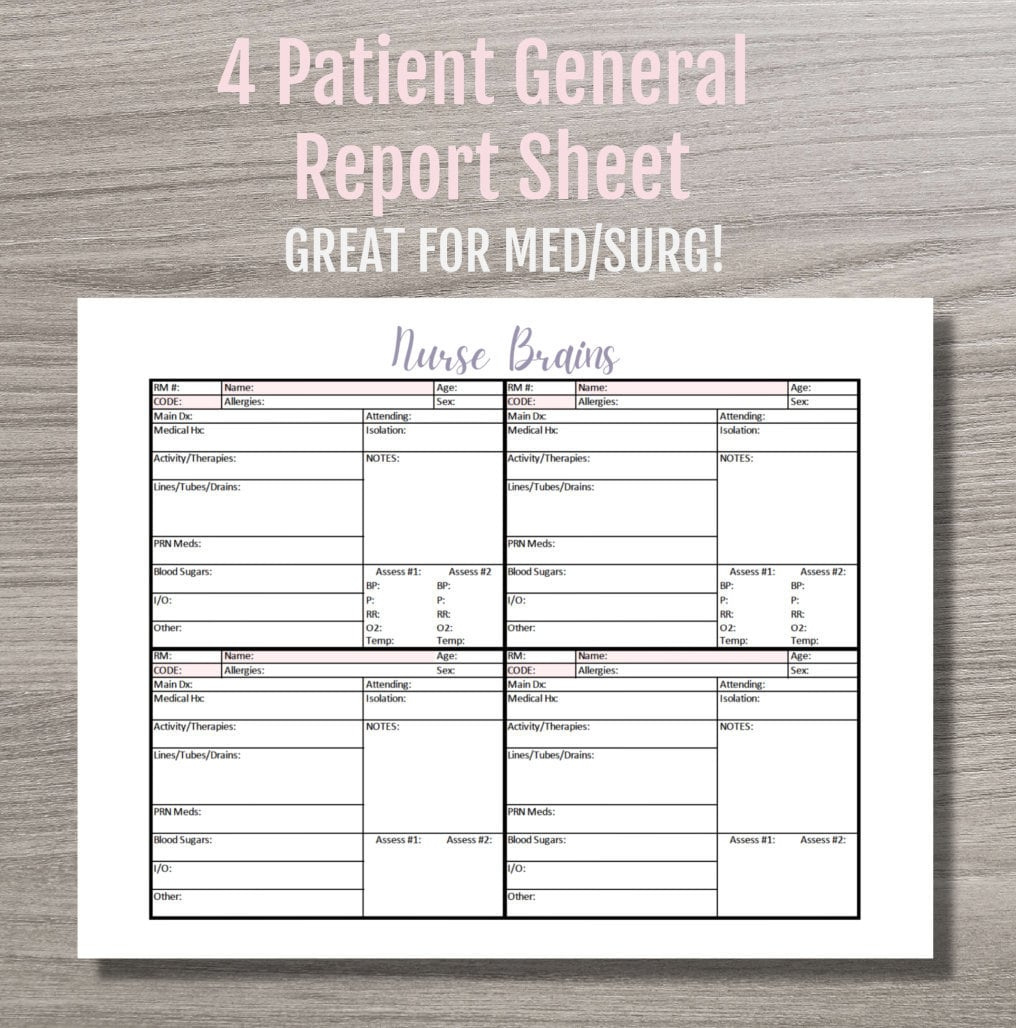 4 Patient Nurse Report Sheet - Instant Pdf Download - Brain Sheet inside Printable Nurse Brain Sheet 4 Patients