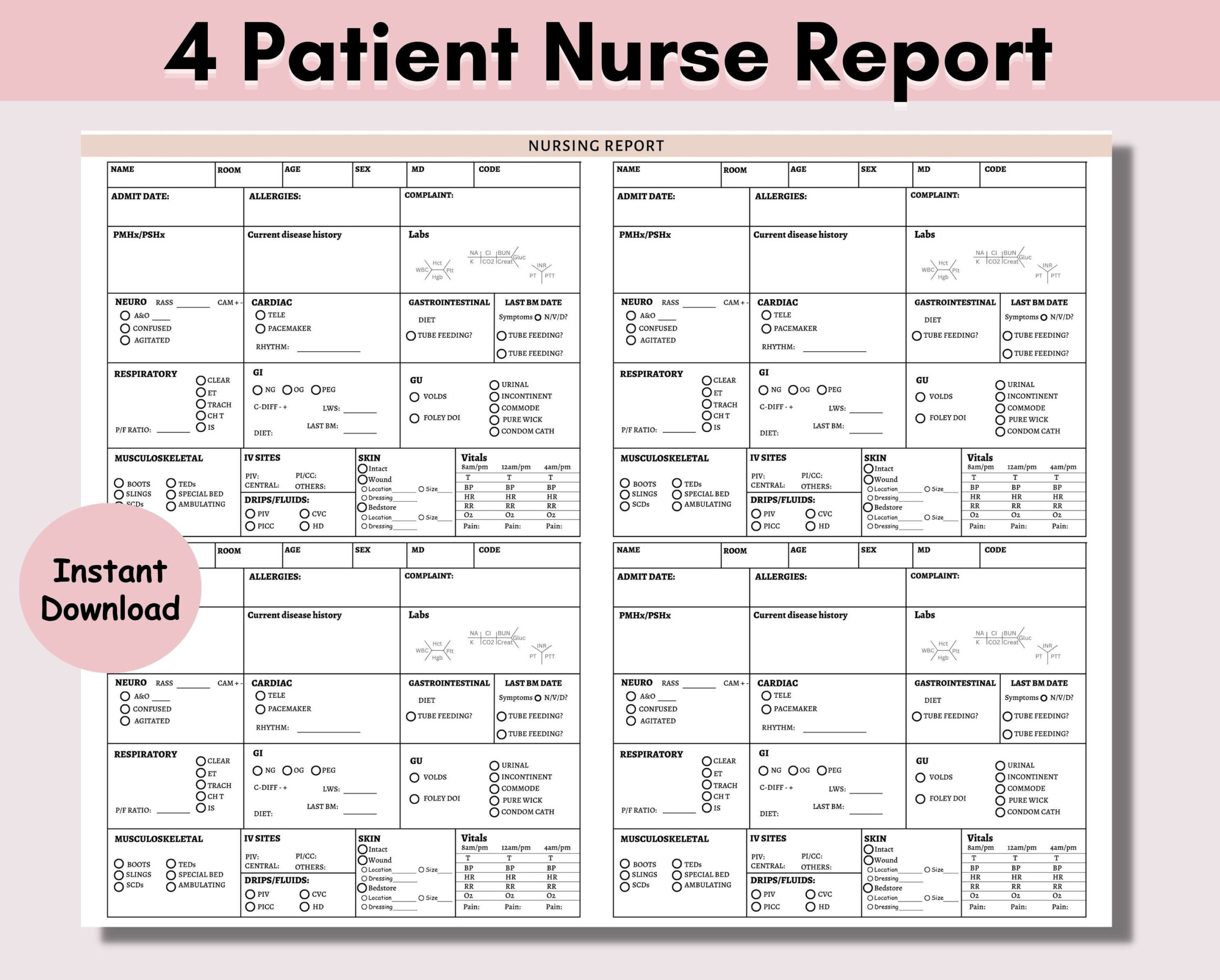 4 Patient Nurse Report Sheet, Printable Template, Nurse Brain pertaining to Printable Nurse Brain Sheet 4 Patients