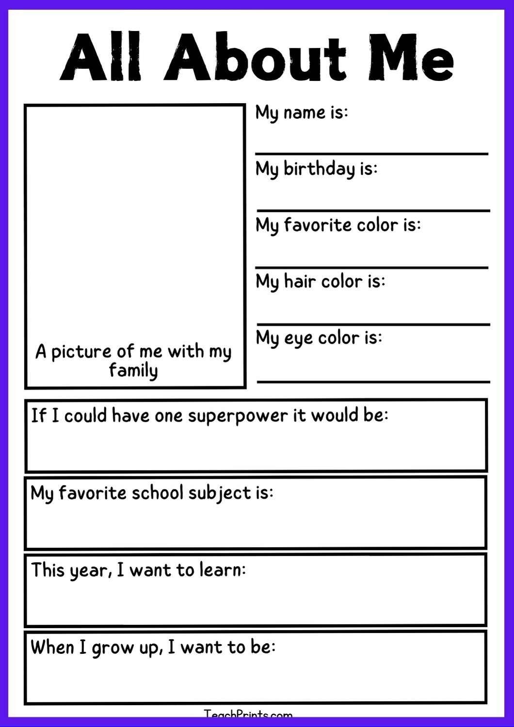 9 Free All About Me Worksheets (Printables) - Teach Prints with regard to Printable Worksheets Free All Grades