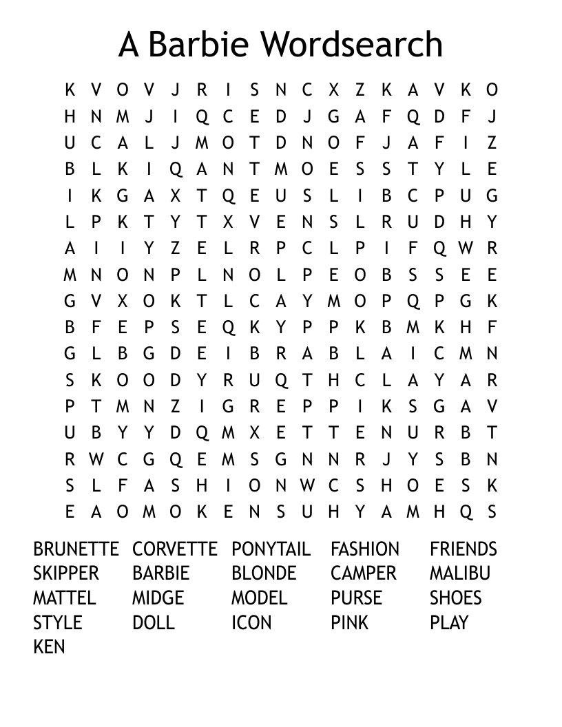 A Barbie Wordsearch - Wordmint for Barbie Word Search Printable