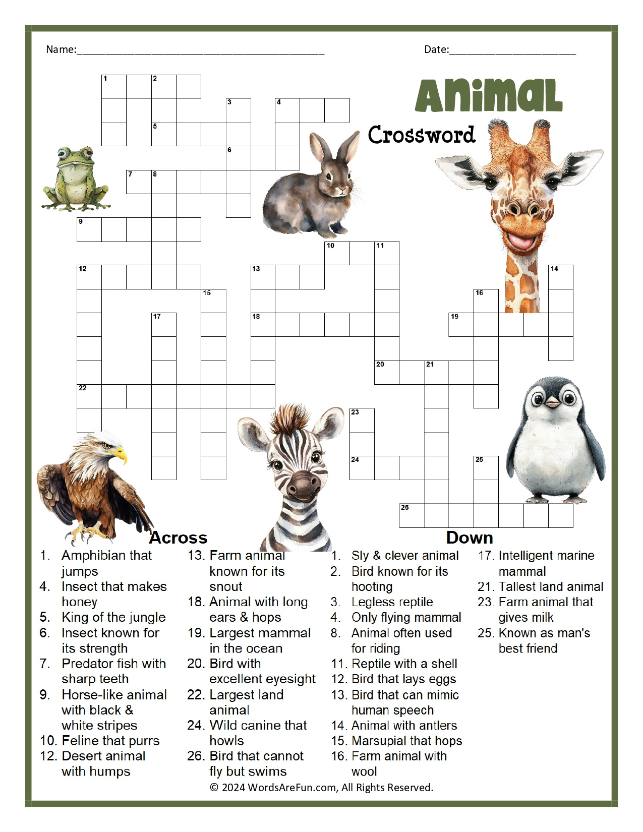 Animal Crossword Puzzle inside Printable Animal Crosswords