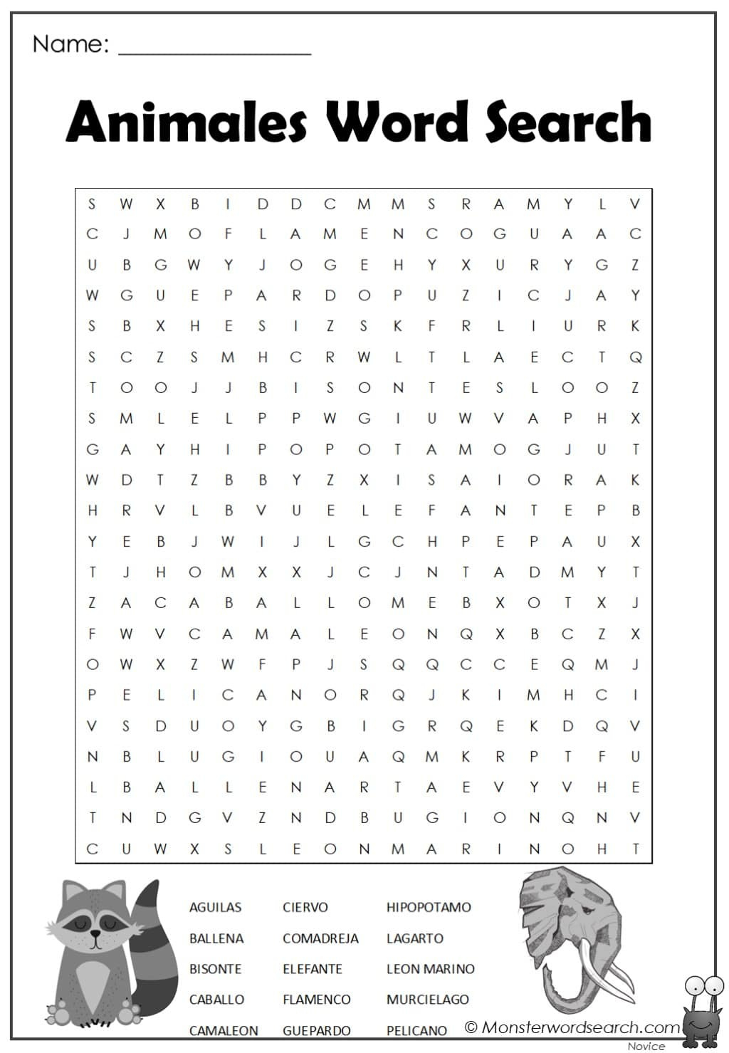 Animales Word Search - Monster Word Search in Spanish Word Search Printable