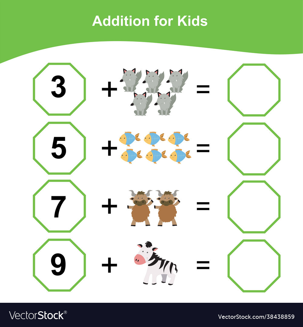 Animals Addition Game Worksheet For Kids Vector Image regarding Animal Picture Addition Worksheet